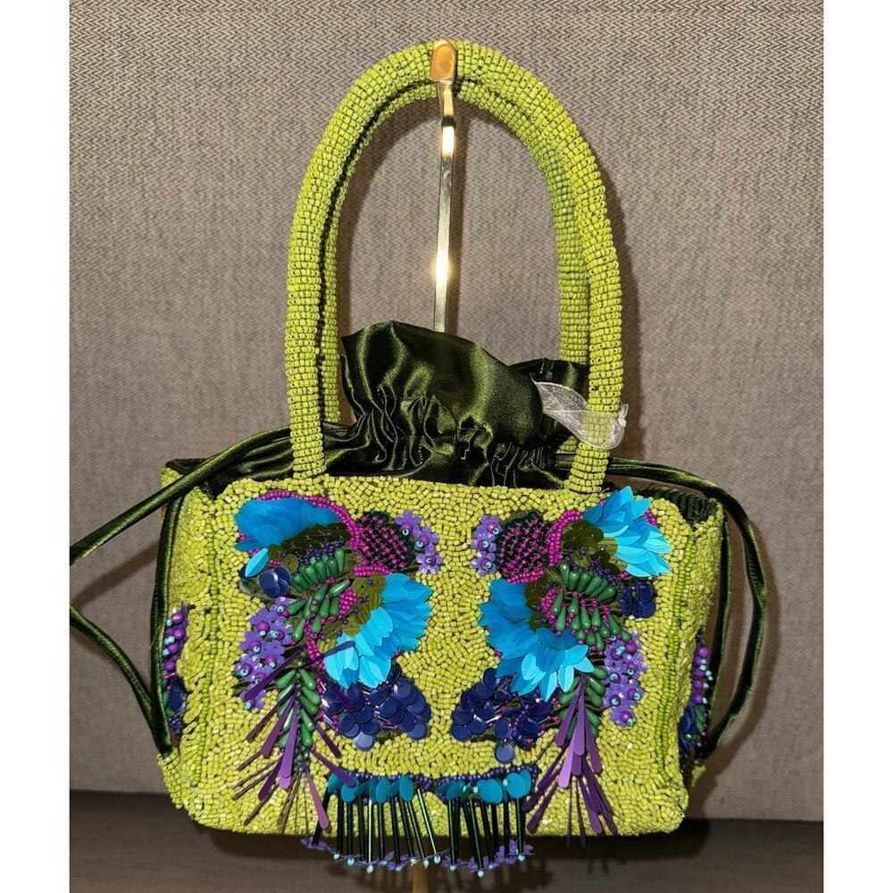 Green Beaded NWT Viral Handcrafted in India Embellished Drawstring Mini Handbag